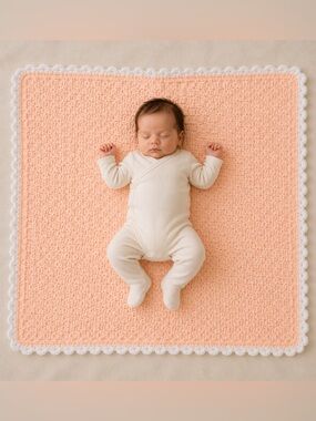 Crocheted Peach Baby Blanket with White Trim